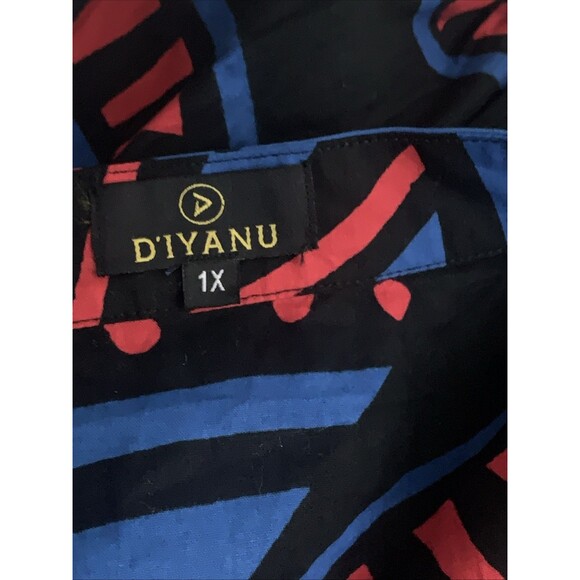 Diyanu Button Up Blouse Puff Sleeve Belt 1X African Inspired Print Blue Red NWOT - Picture 9 of 11